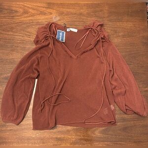 Zara Women's V-Neck Brown Sweater with Ruffle Details